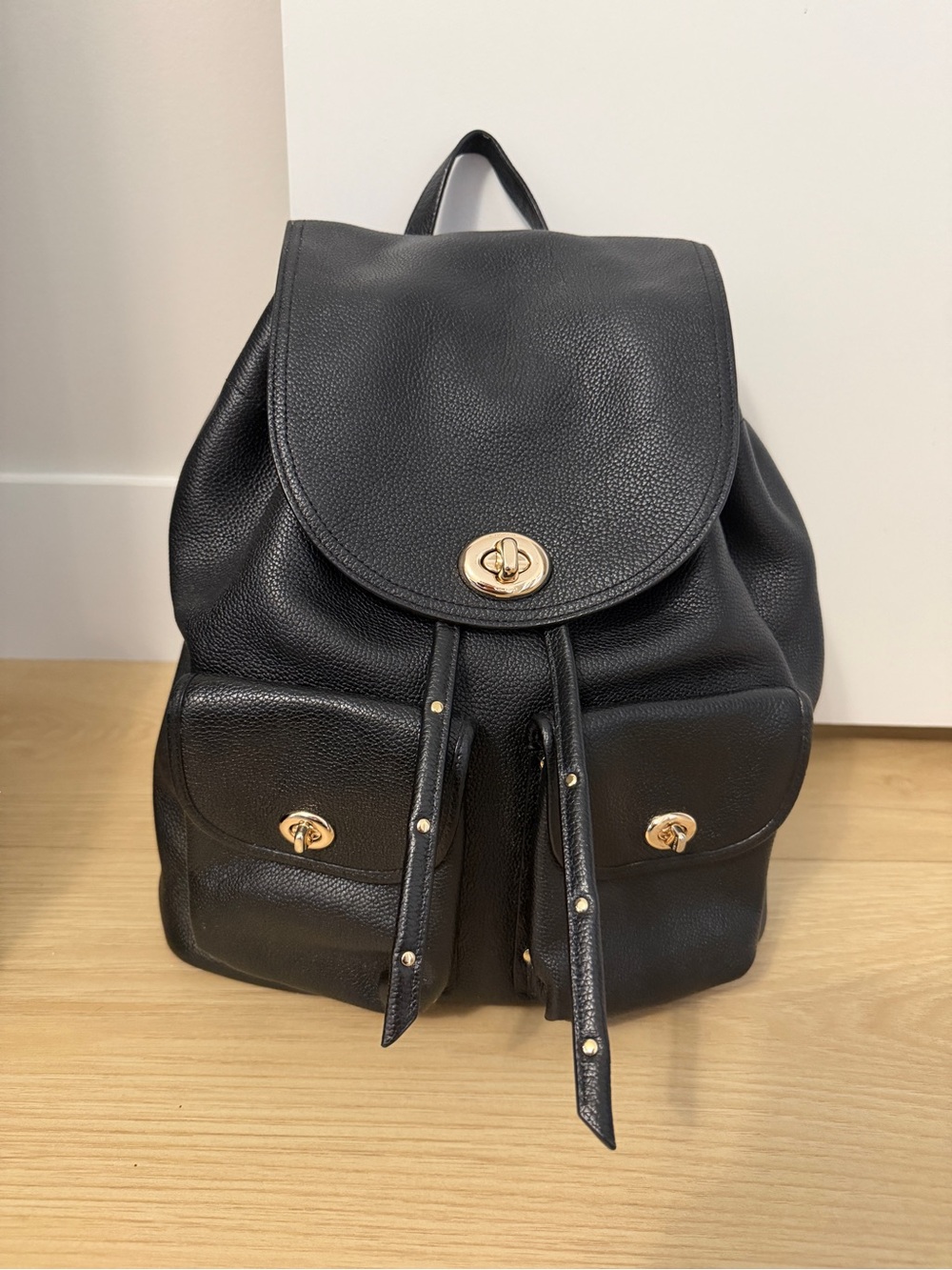 Classic Black Leather COACH Backpack with Gold Hardware
